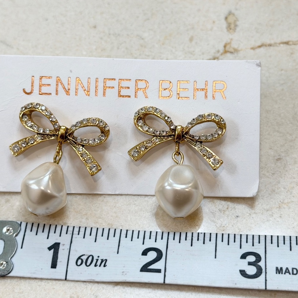 JENNIFER BEHR Crystal Bow Pearl Drop Pierced Stud Earrings Gold-Tone